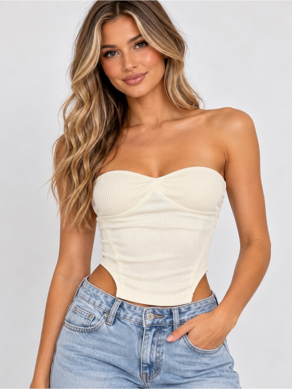 PrettyLittleThing Cream Crinkle Rib Curved Hem Corset Top – Size US 6 / UK 10